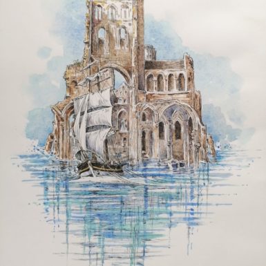Migné-aquarelle-Jumièges-ruine-imaginaire