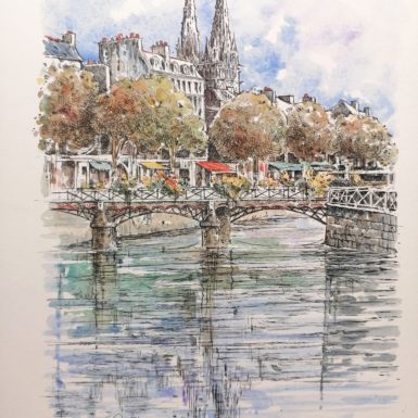 migné-aquarelle-Quimper-l'Odet-Finistère-Cathédrale